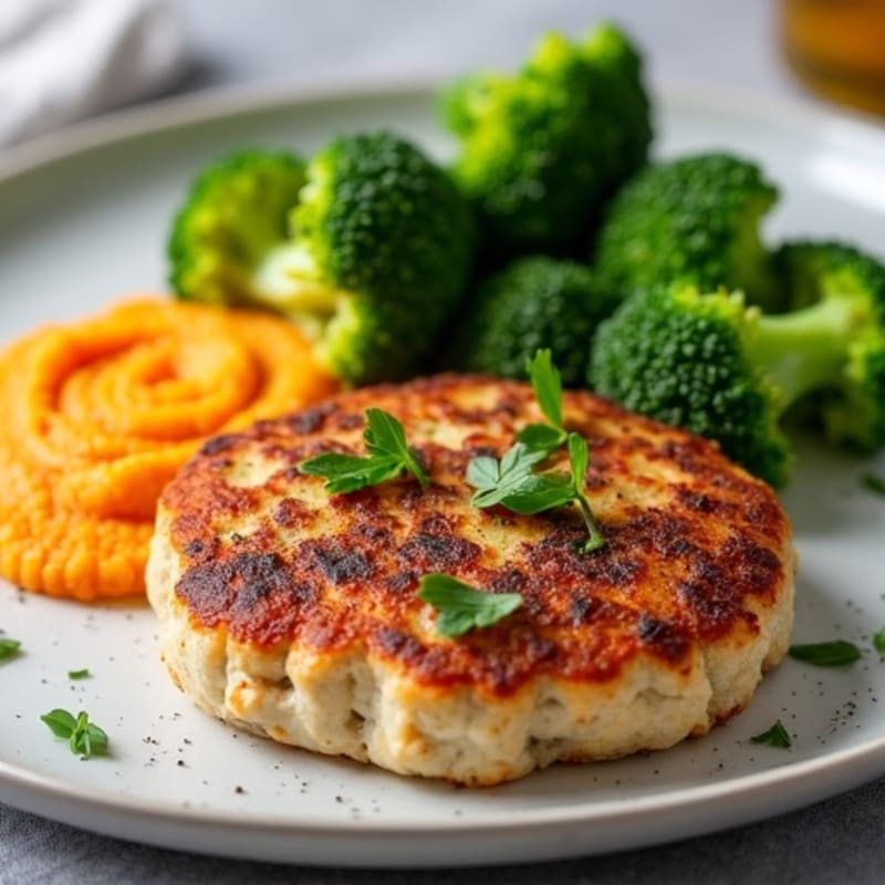 Seared Turkey Patties with Steamed Broccoli and Sweet Potato Mash