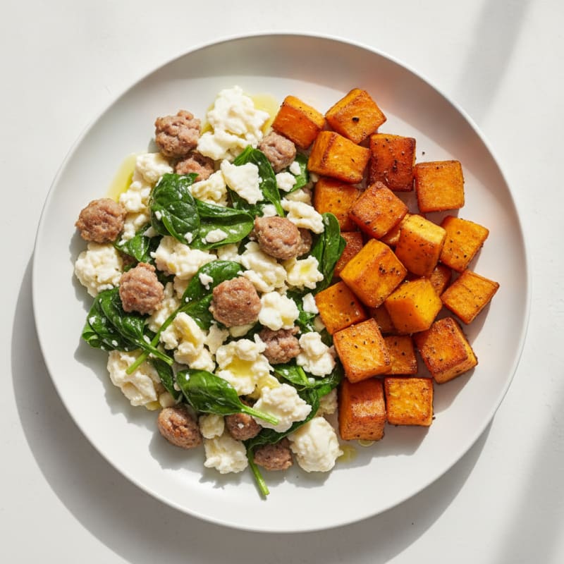 Egg White and Turkey Sausage Scramble with Spinach and Roasted Sweet Potato