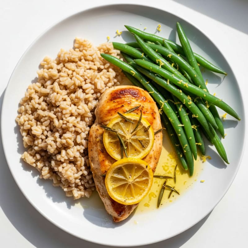 Lemon Herb Chicken with Steamed Green Beans and Brown Rice