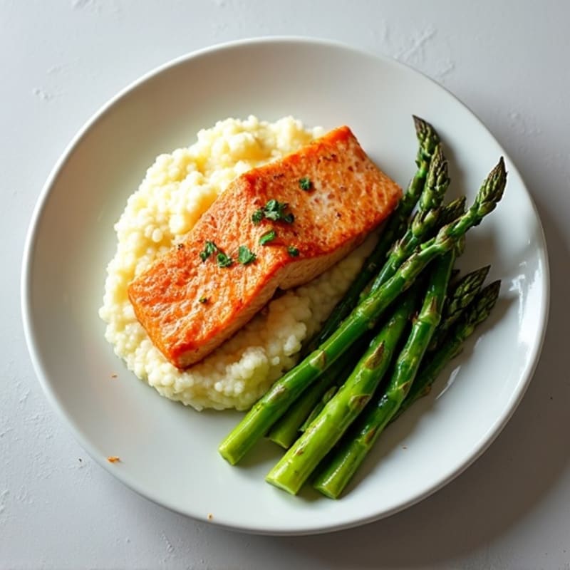 Seared Salmon with Roasted Asparagus and Garlic Cauliflower Mash
