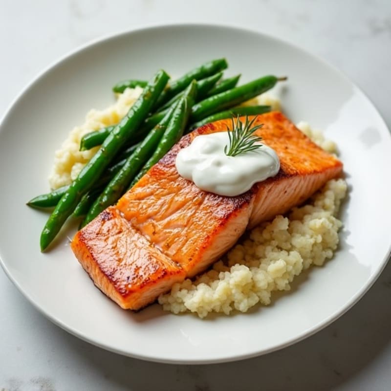 Seared Salmon with Garlic Green Beans and Cauliflower Mash