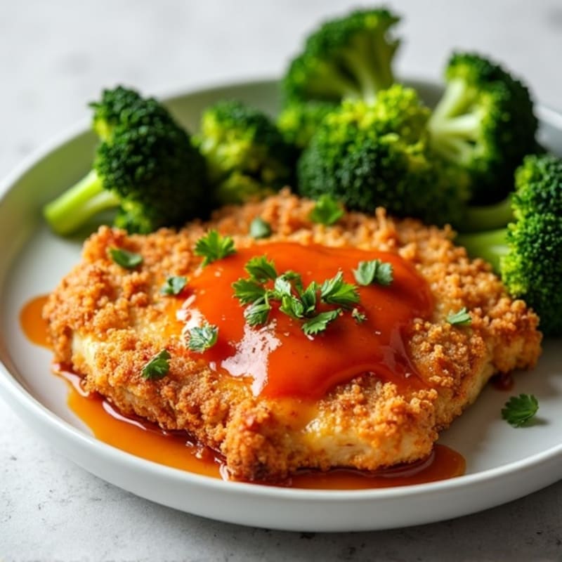 Crispy Baked Chicken with Sweet and Spicy Sauce and Roasted Broccoli