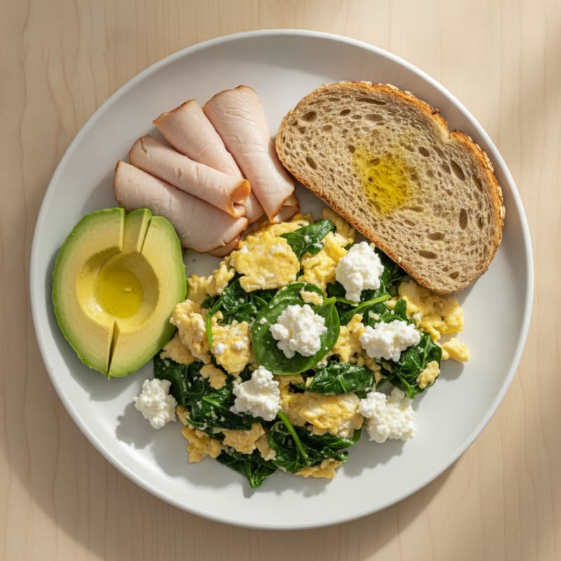 Egg White Spinach Scramble with Cottage Cheese and Sliced Turkey