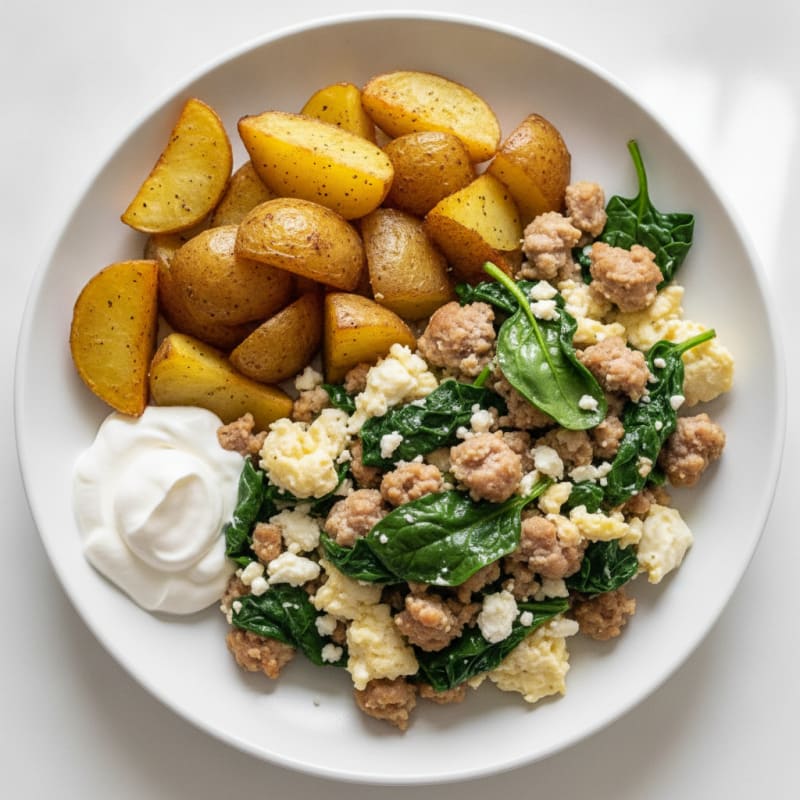 Egg White and Turkey Sausage Scramble with Spinach and Feta
