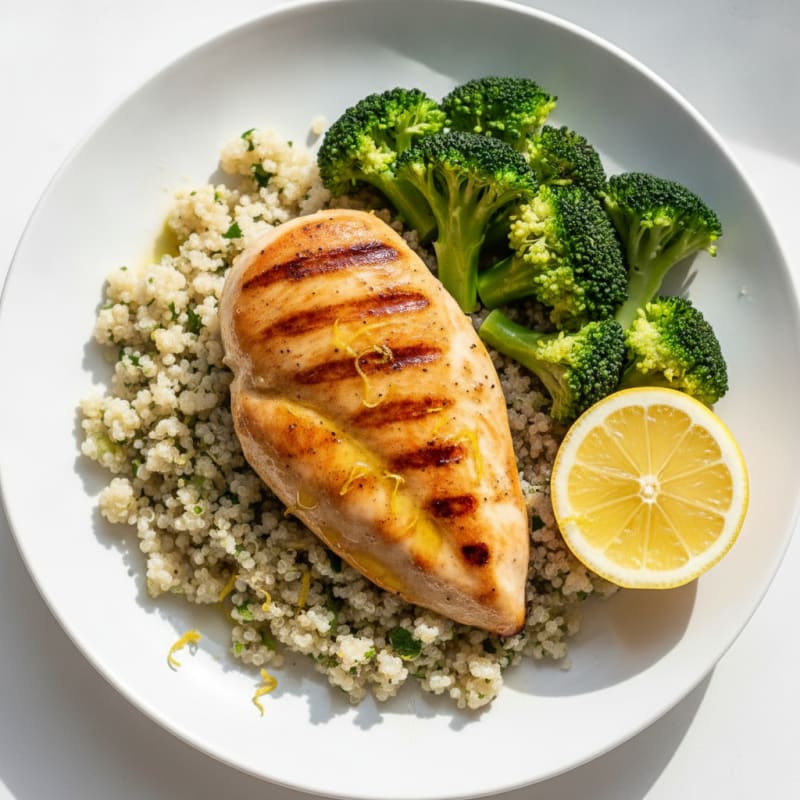 Grilled Chicken Breast with Steamed Broccoli and Quinoa