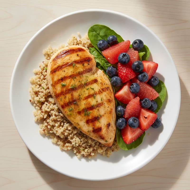 Grilled Chicken Breast with Quinoa and Fresh Fruit Salad