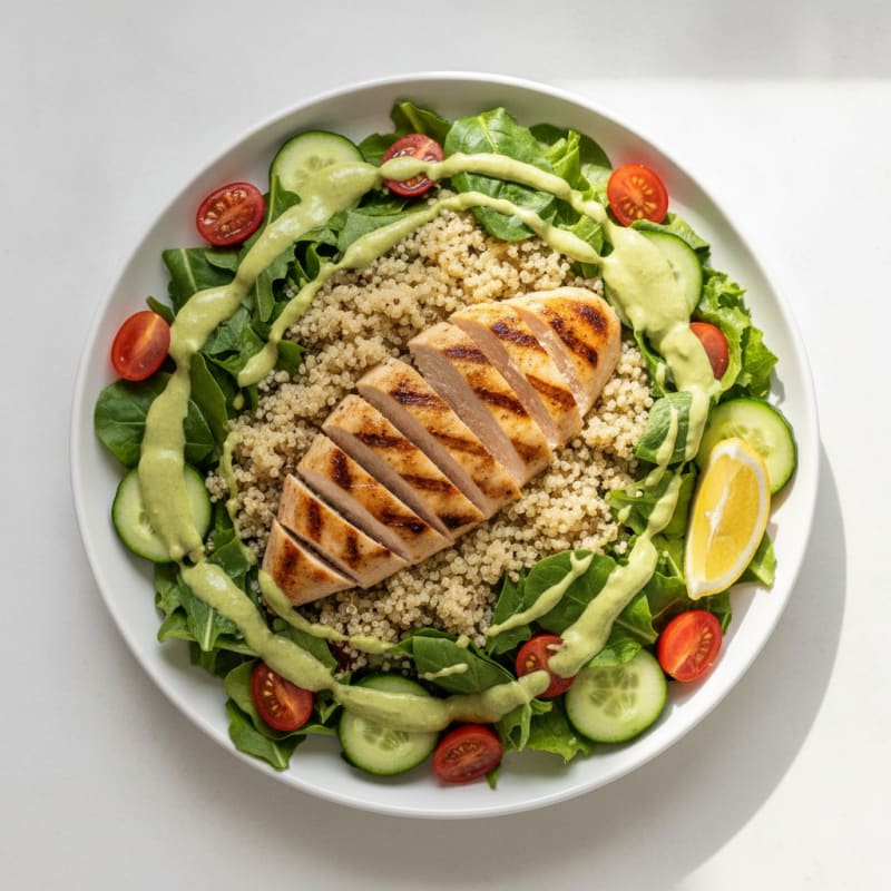 Grilled Chicken Breast Salad with Quinoa and Creamy Avocado Dressing