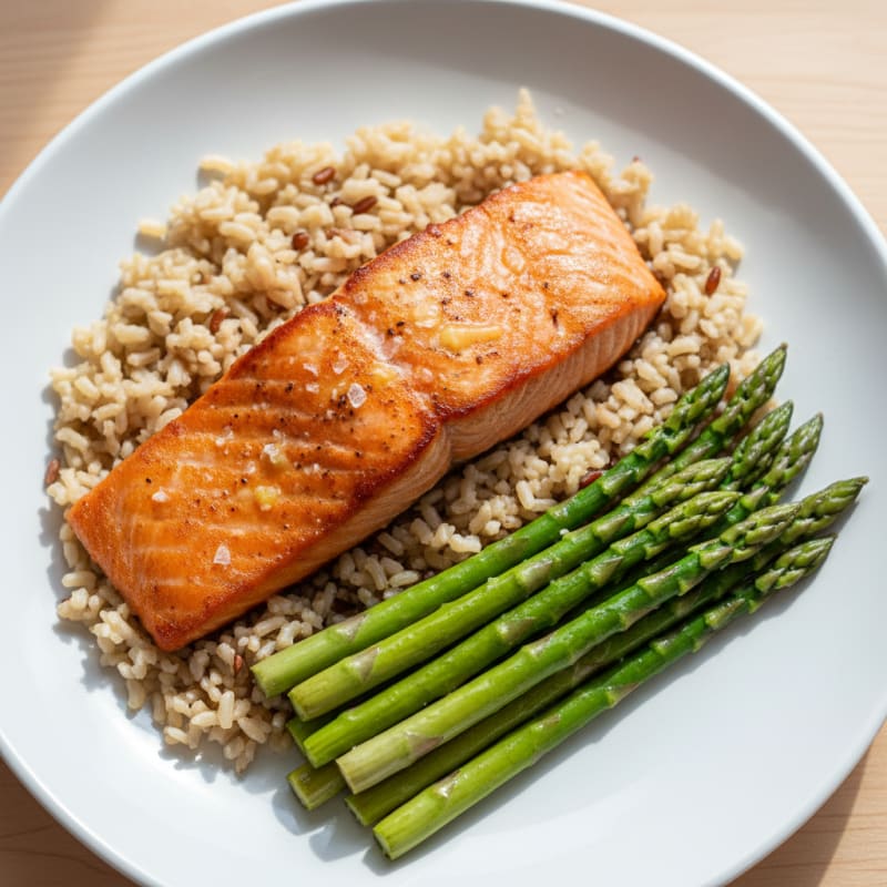Seared Salmon Fillet with Steamed Asparagus and Brown Rice