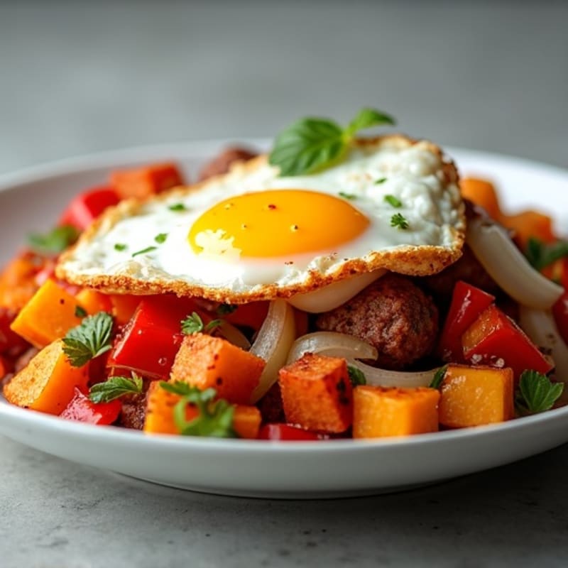 Crispy Sweet Potato and Turkey Sausage Hash with Fried Eggs