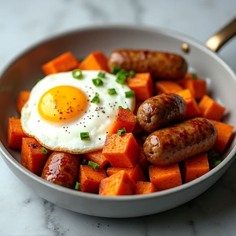 Crispy Sweet Potato and Turkey Sausage Skillet with Scrambled Eggs