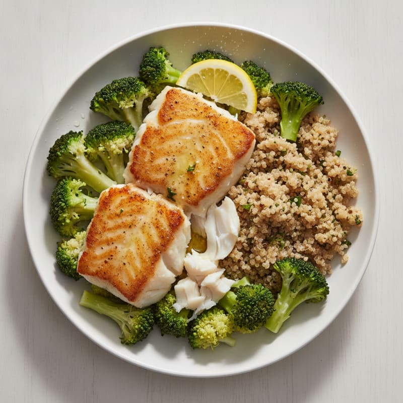 Pan Seared Cod with Steamed Broccoli and Quinoa