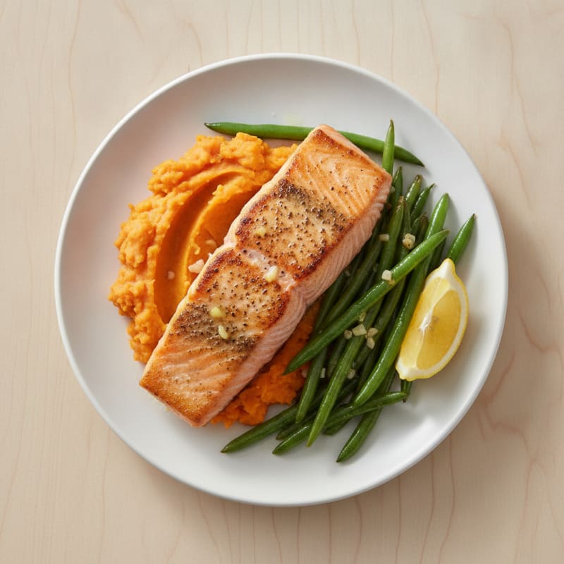 Seared Salmon with Garlic Green Beans and Sweet Potato Mash