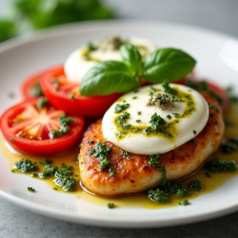 Pan-Seared Chicken with Fresh Tomatoes, Creamy Mozzarella, and Basil Pesto