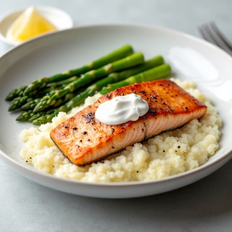 Seared Salmon Fillet with Steamed Asparagus and Cauliflower Mash