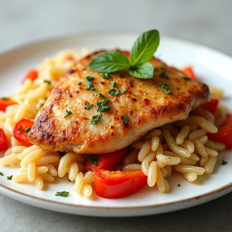 Pan-Seared Chicken with Sautéed Bell Peppers and Rice Pasta