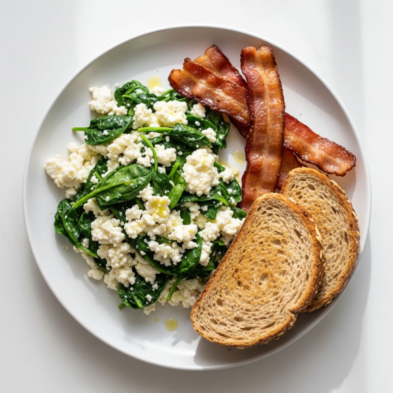 Egg White and Cottage Cheese Scramble with Spinach and Turkey Bacon