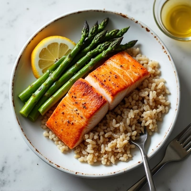 Seared Salmon with Steamed Asparagus and Brown Rice