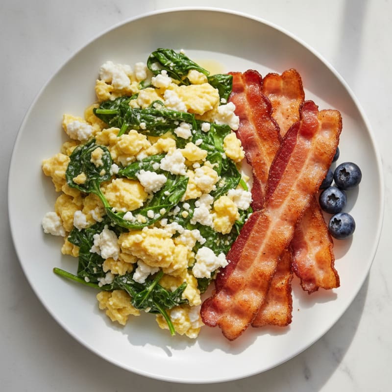 Cottage Cheese Scramble with Spinach and Turkey Bacon