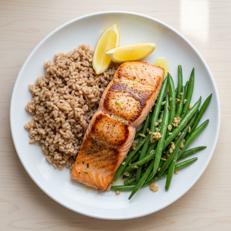 Seared Salmon Fillet with Garlic Green Beans and Brown Rice