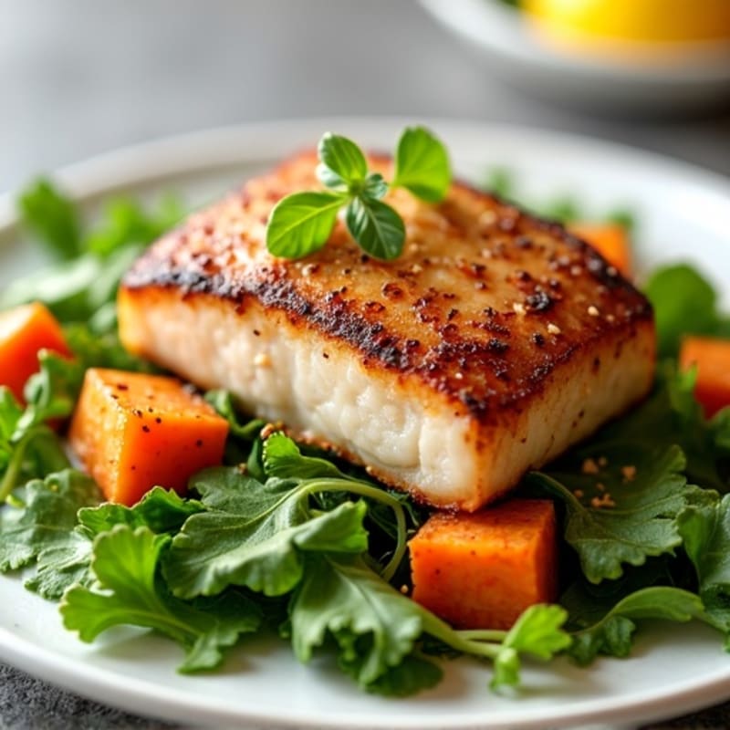 Crispy Pan-Seared Tuna with Roasted Sweet Potatoes and Fresh Greens