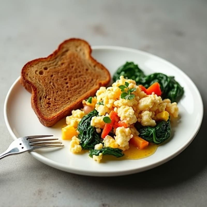 Egg White Veggie Scramble with Cottage Cheese and Sautéed Spinach