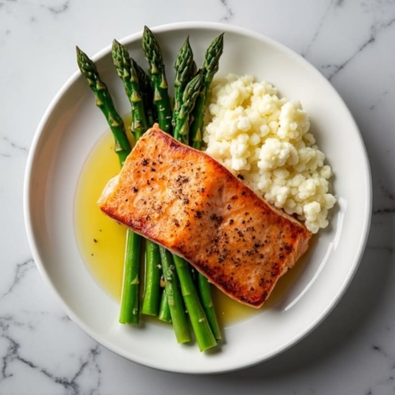 Seared Salmon with Steamed Asparagus and Cauliflower Mash