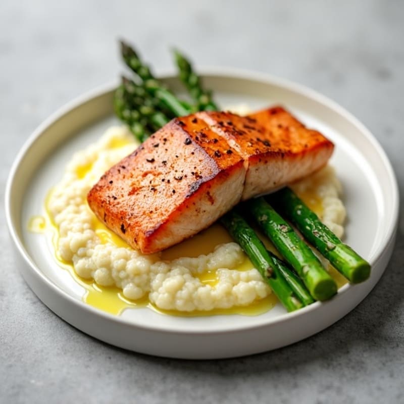 Seared Salmon with Steamed Asparagus and Cauliflower Mash