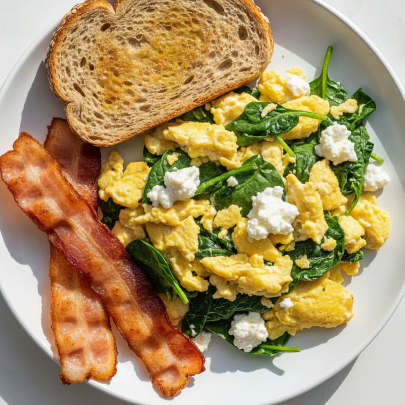Cottage Cheese Egg Scramble with Spinach and Turkey Bacon