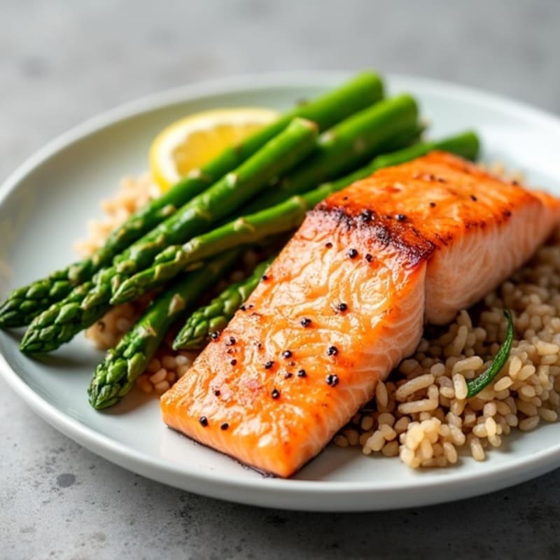 Seared Salmon with Steamed Asparagus and Brown Rice