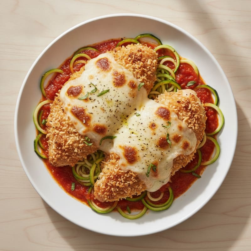 Crispy Baked Chicken Parmesan with Zucchini Noodles