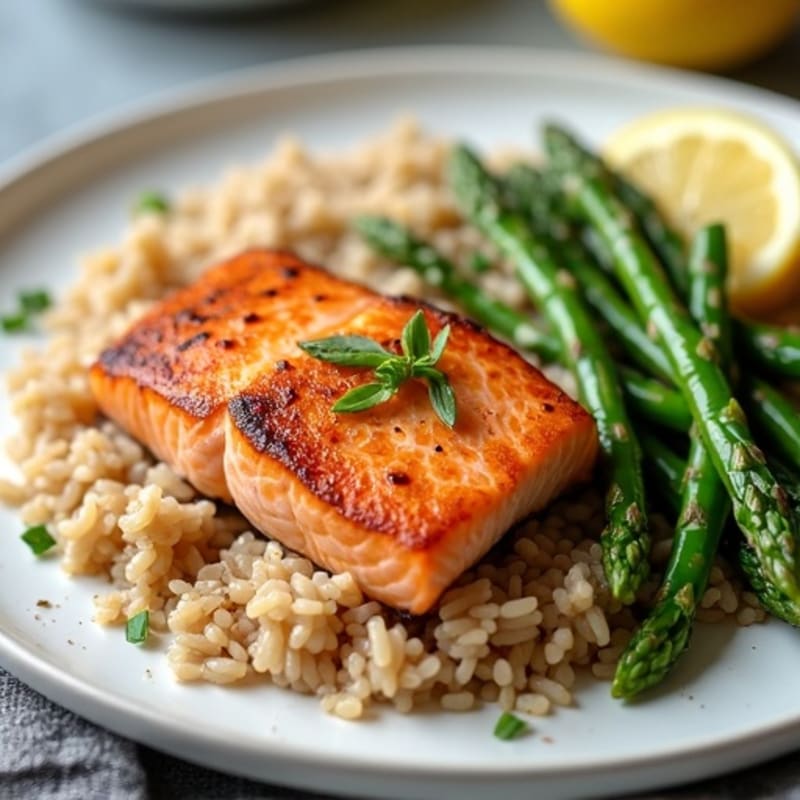 Seared Salmon with Steamed Asparagus and Brown Rice
