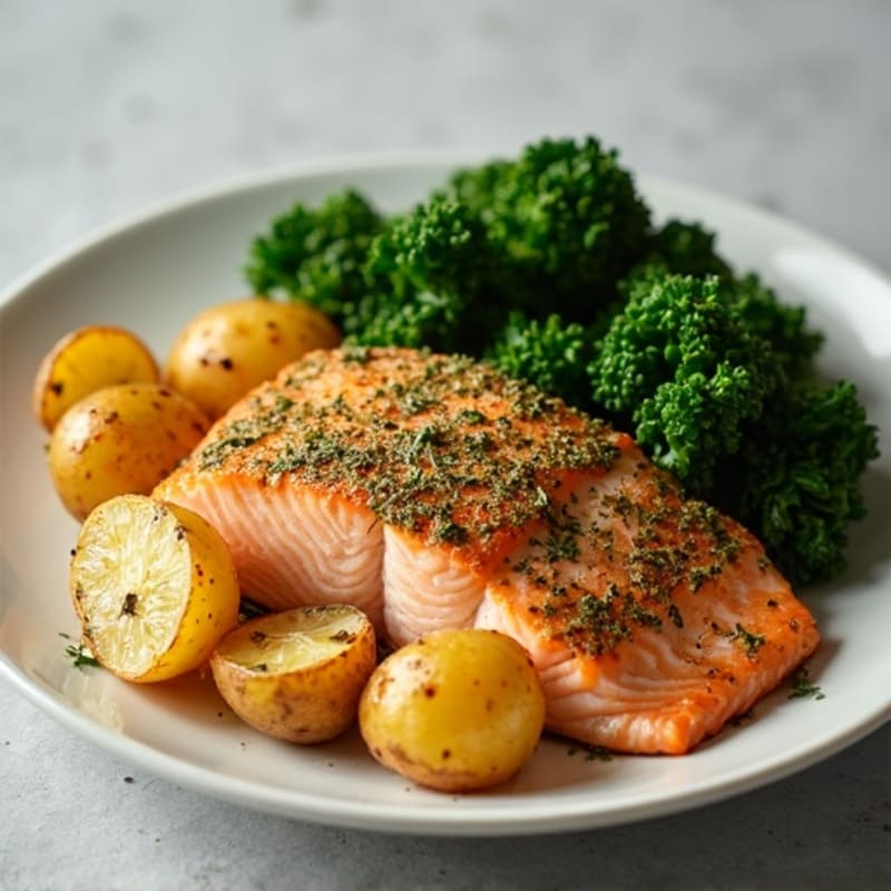Herb-Crusted Baked Salmon with Garlic Roasted Potatoes and Crispy Kale