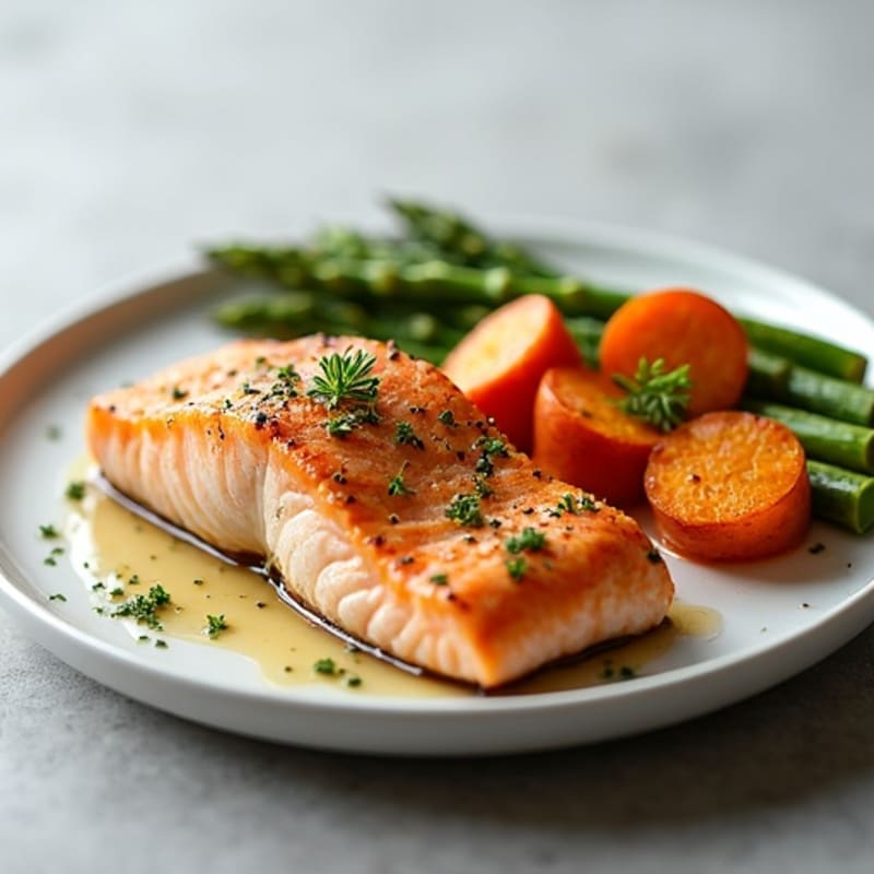 Seared Salmon Fillet with Roasted Sweet Potatoes and Asparagus