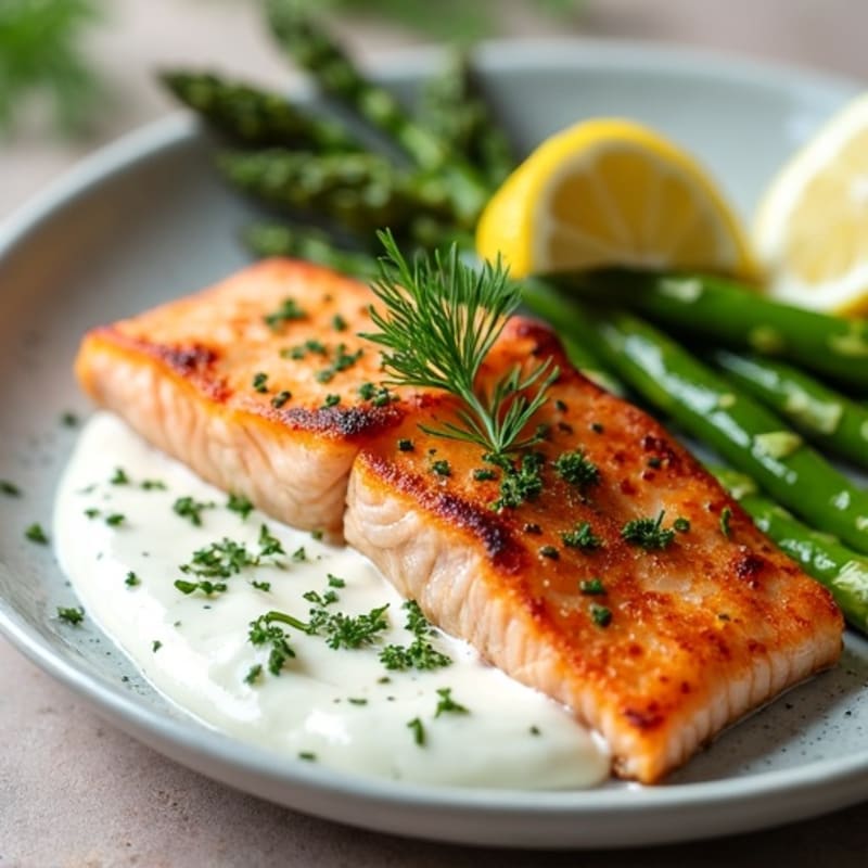 Crispy Lemon-Herb Baked Salmon with Creamy Dill Yogurt Sauce and Roasted Asparagus