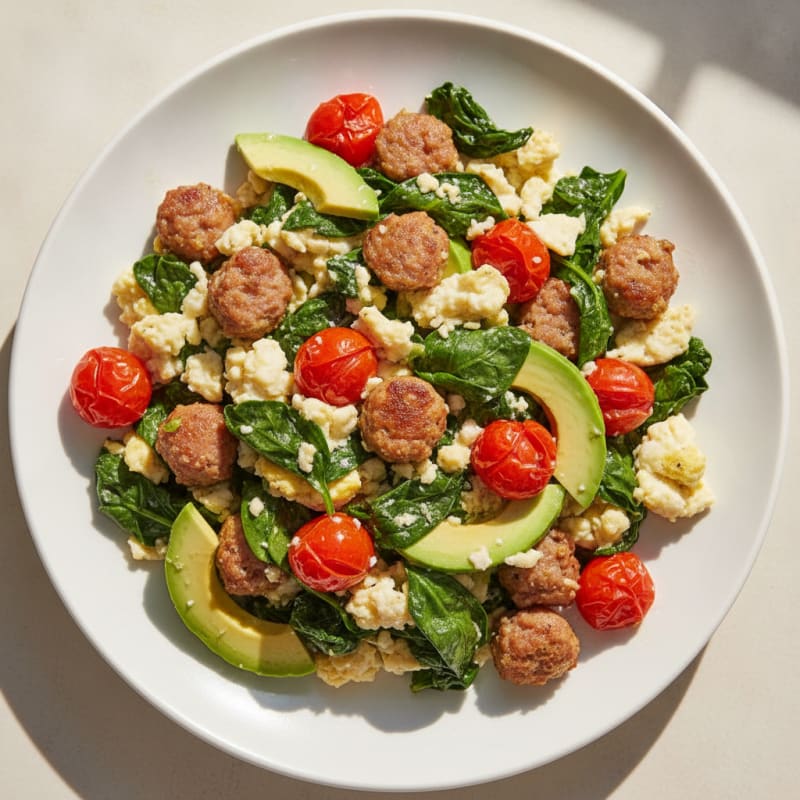 Egg White and Turkey Sausage Scramble with Spinach and Cherry Tomatoes
