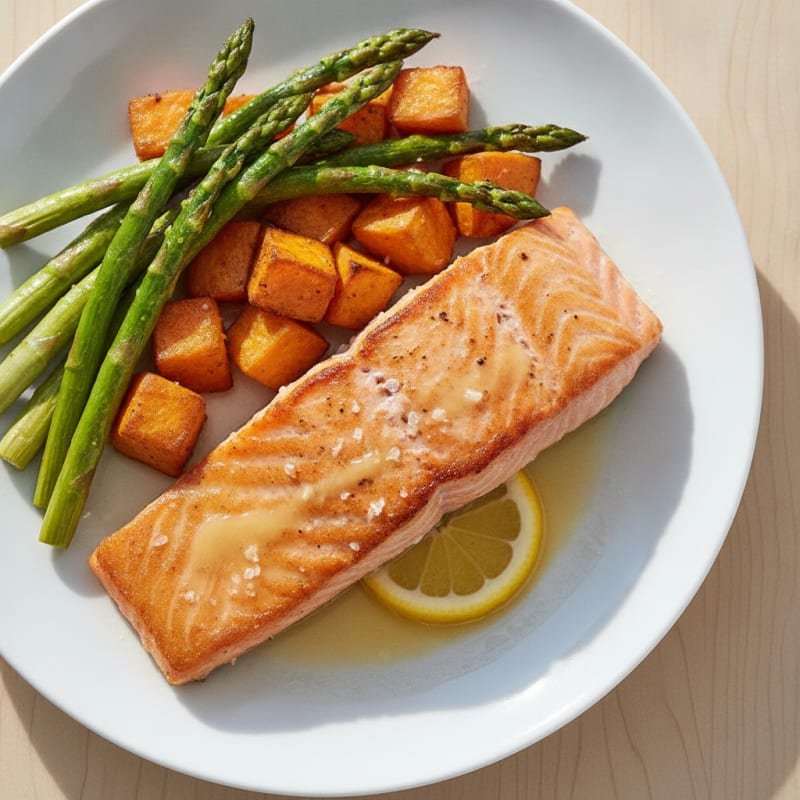 Seared Salmon with Roasted Sweet Potato and Asparagus