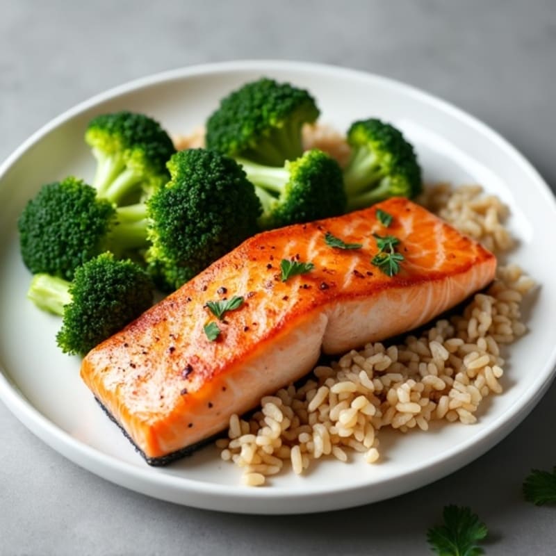 Seared Salmon Fillet with Steamed Broccoli and Brown Rice