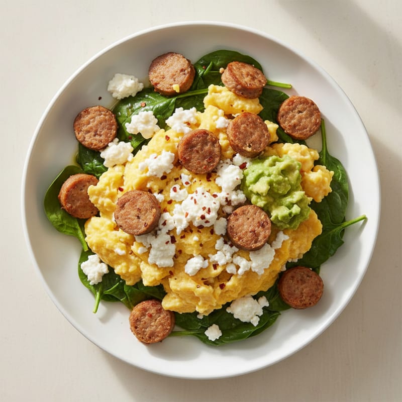Cottage Cheese Scramble with Turkey Sausage and Sautéed Spinach