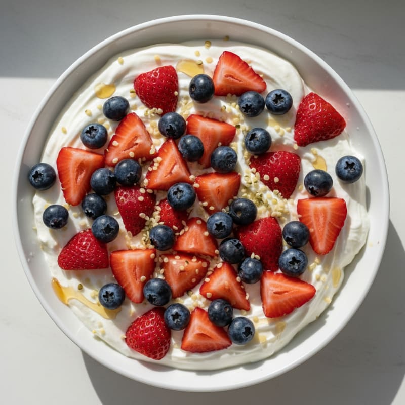 Creamy Vanilla Greek Yogurt with Protein Powder and Fresh Berries