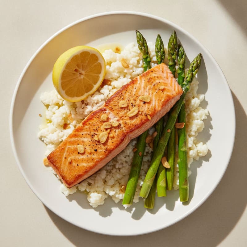 Seared Salmon with Roasted Asparagus and Cauliflower Rice