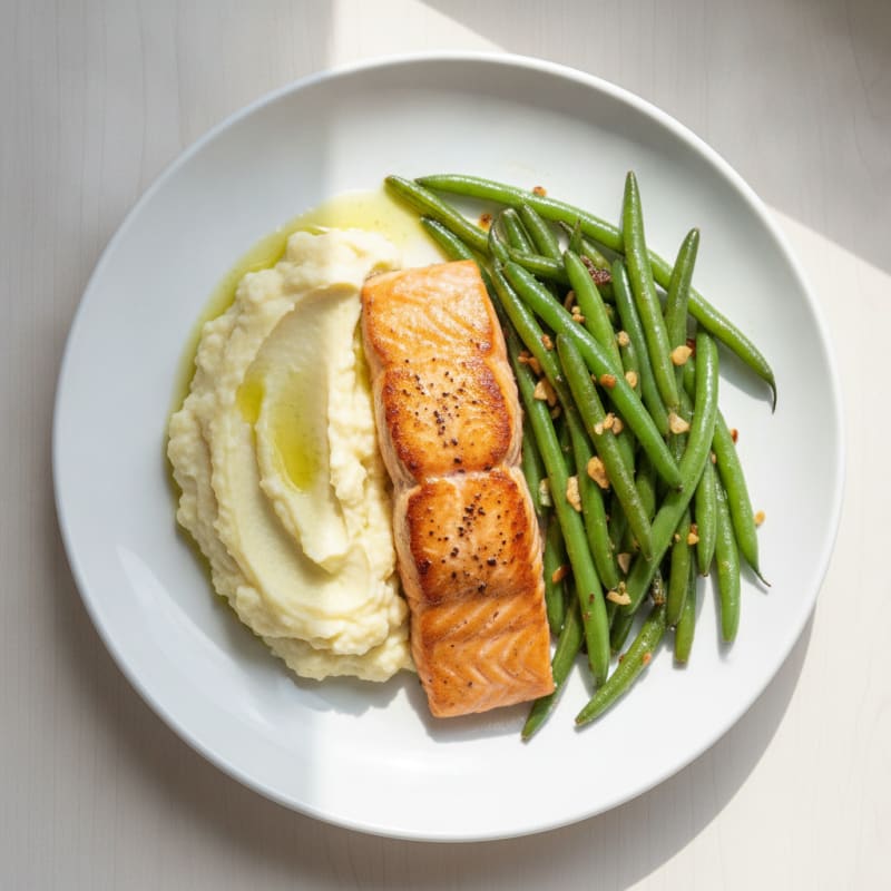 Seared Salmon with Garlic Green Beans and Mashed Cauliflower