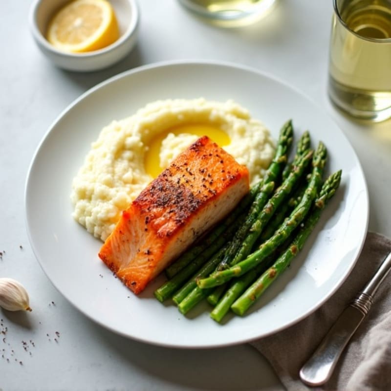 Seared Salmon with Steamed Asparagus and Garlic Cauliflower Mash