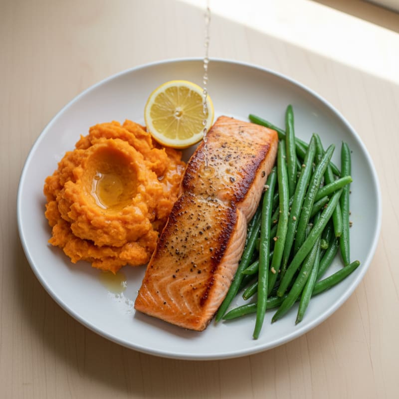 Seared Salmon with Steamed Green Beans and Sweet Potato Mash