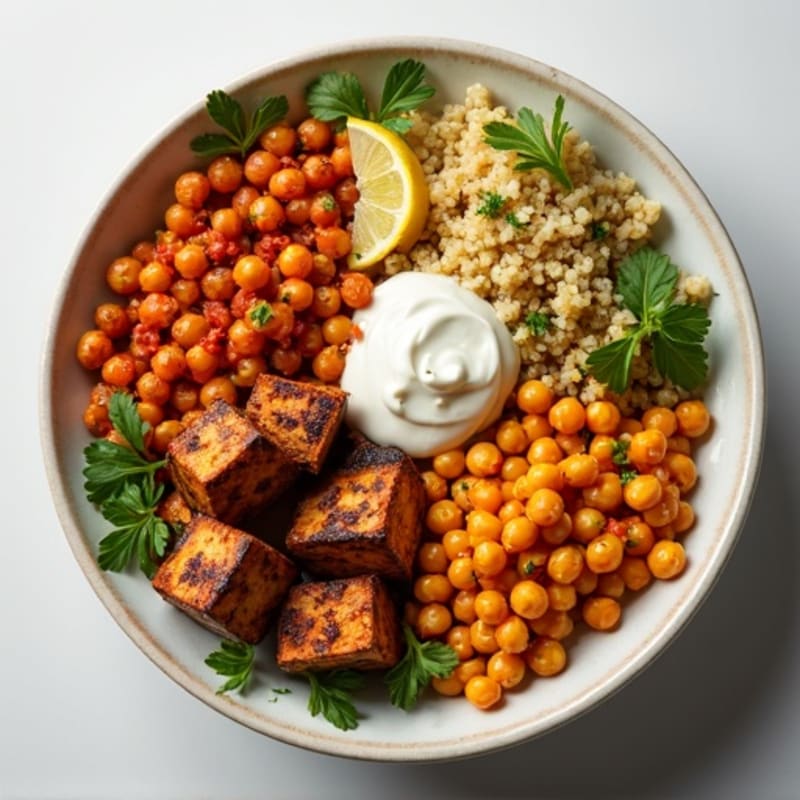 Crispy Lentil and Quinoa Power Bowl with Roasted Chickpeas