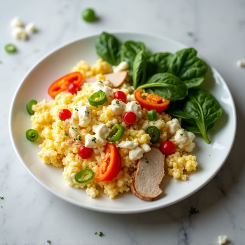 Egg White Veggie Scramble with Cottage Cheese and Sliced Turkey