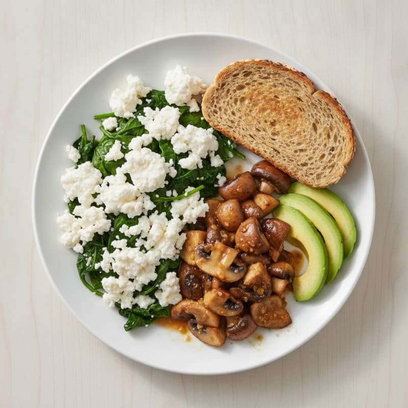 Egg White Spinach Scramble with Cottage Cheese and Sautéed Mushrooms