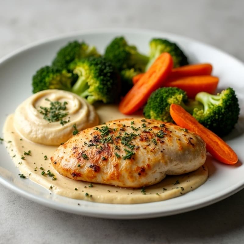 Herb-Roasted Chicken with Creamy Hummus and Crisp Roasted Vegetables