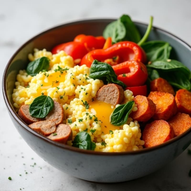 Egg White and Turkey Sausage Scramble with Roasted Sweet Potatoes