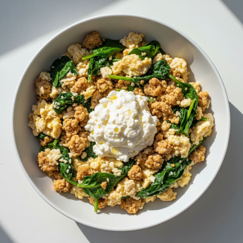 Egg White and Turkey Spinach Scramble with Cottage Cheese