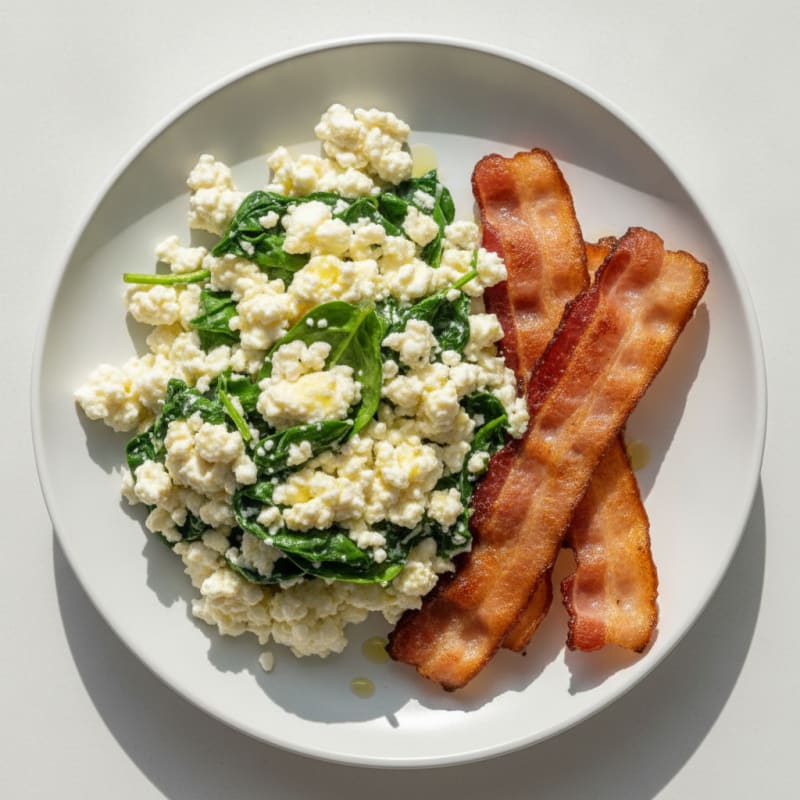Cottage Cheese Scramble with Spinach and Turkey Bacon